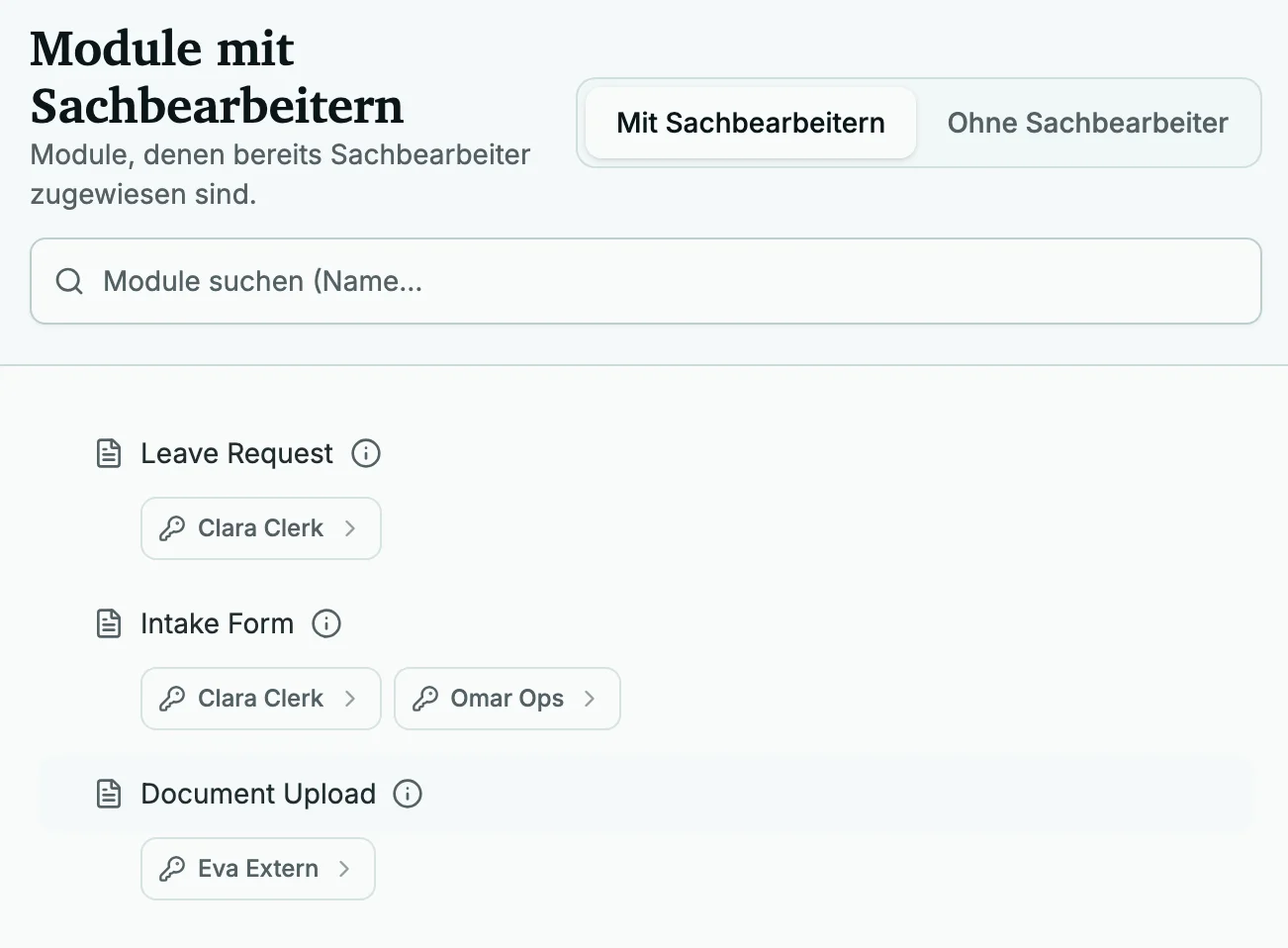 Sachbearbeiterverwaltung im Admin-Bereich: Module mit zugewiesenen Sachbearbeitern.